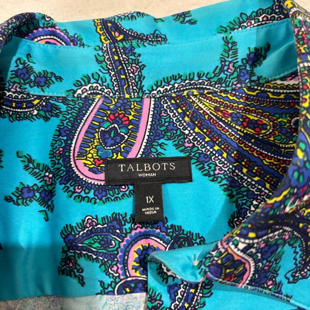 Talbots NWOT 1X Turquoise Blue Paisley Cotton Stretch Button Down Shirt Blouse - Picture 4 of 7